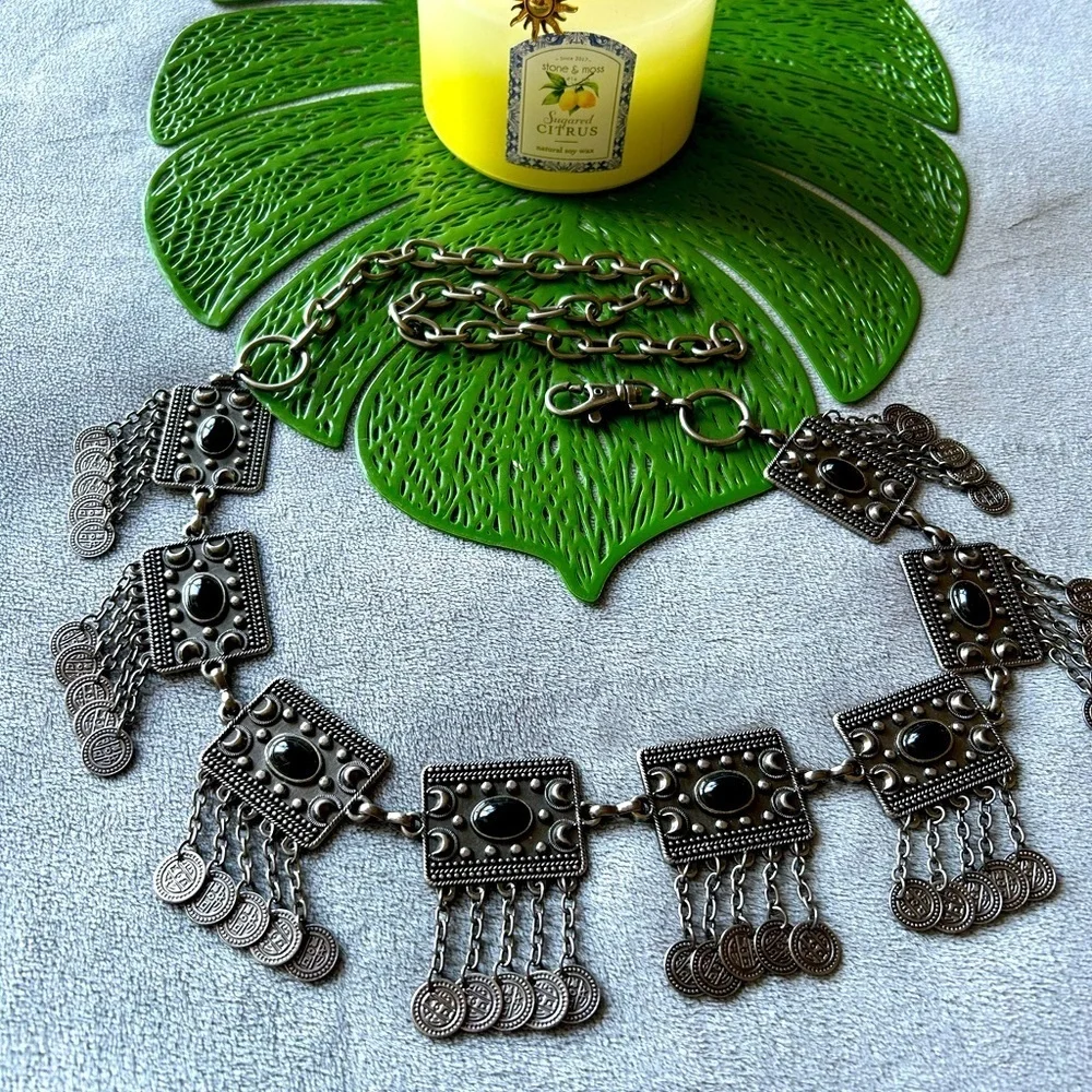 Vintage Silver Heavy Metal Moon coin belt with black stones!